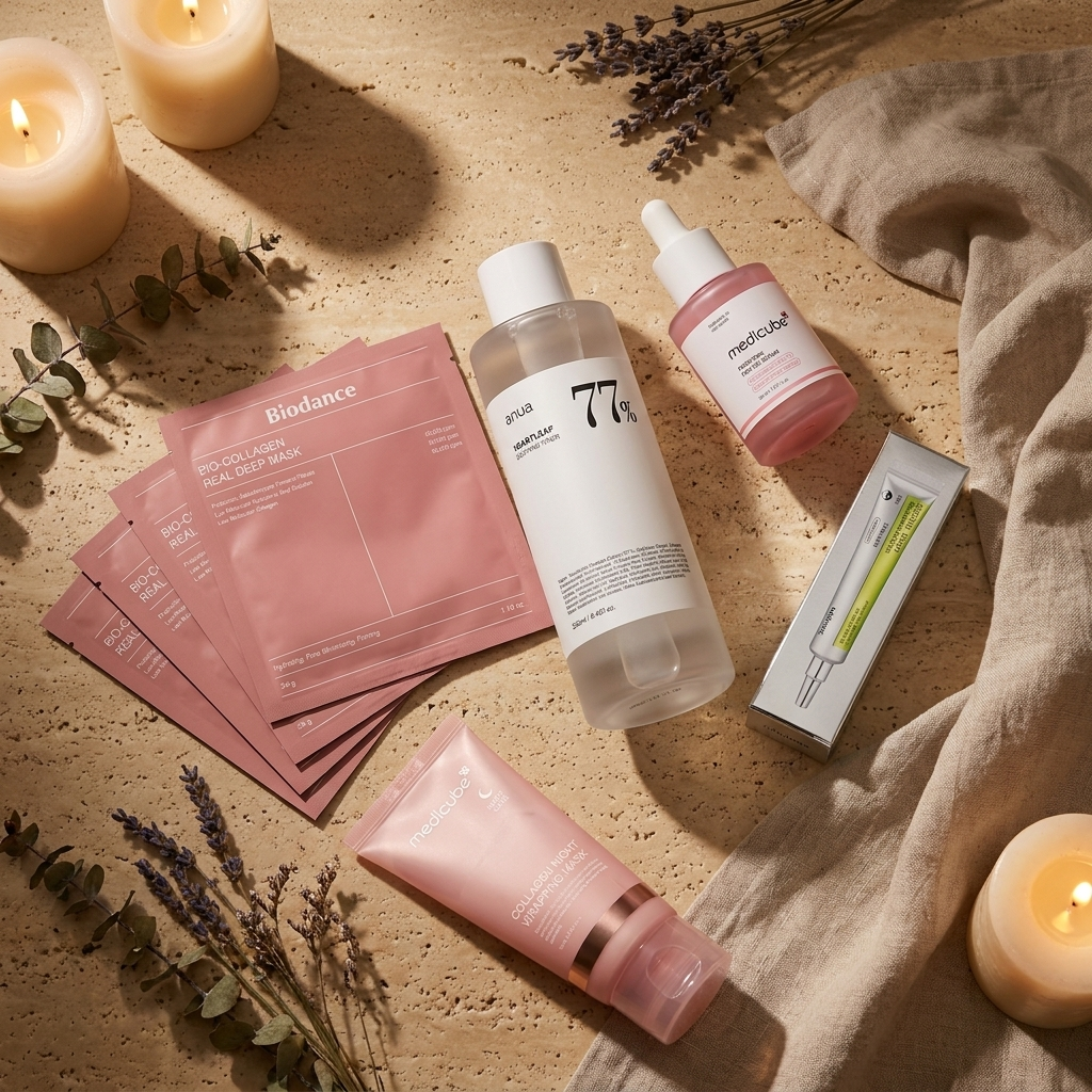 PDRN serums styled in a candlelit evening flat-lay — Anua vs Medicube comparison