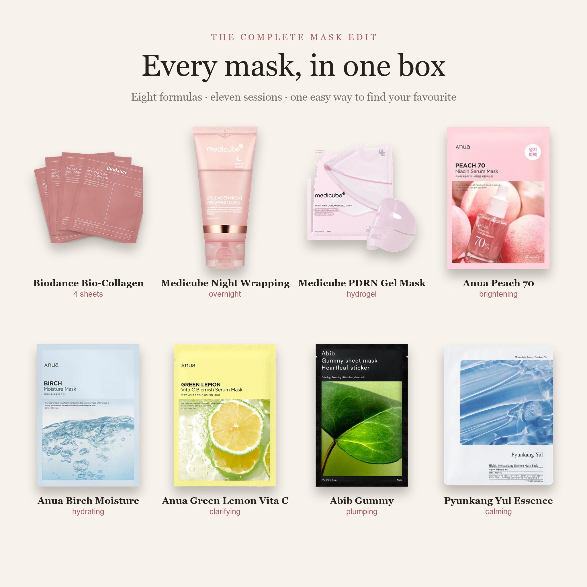 Every mask in the box — Biodance Bio-Collagen (4 sheets), Medicube Night Wrapping, Medicube PDRN Gel Mask, Anua Peach 70, Anua Birch, Anua Green Lemon Vita C, Abib Gummy, Pyunkang Yul Essence
