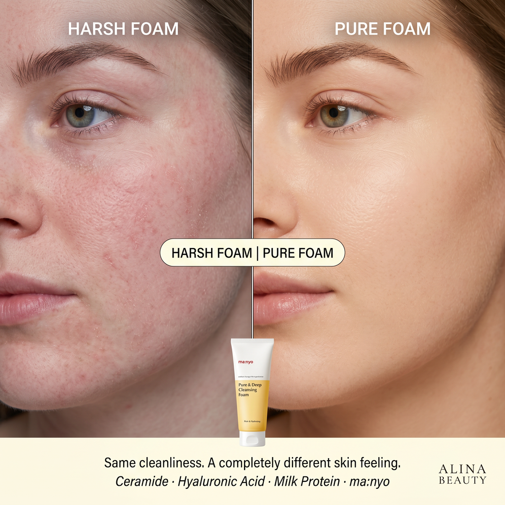 Manyo cleansing foam — harsh foam vs pure foam skin comparison