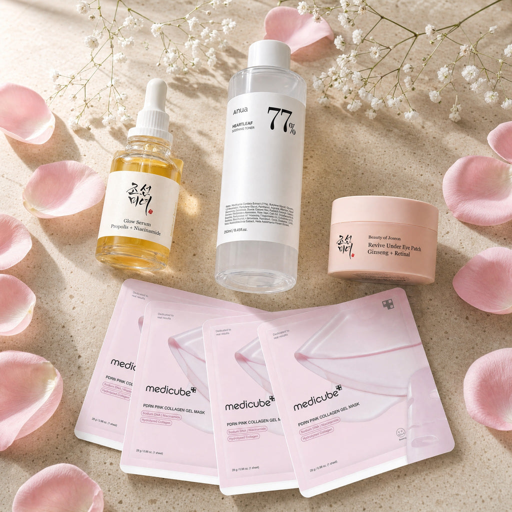 The New-Mum Glow Rescue — Beauty of Joseon Glow Serum, Anua Heartleaf 77% toner, BoJ Revive under-eye patch jar and four square Medicube PDRN pink collagen gel masks on travertine