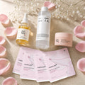 The New-Mum Glow Rescue — Beauty of Joseon Glow Serum, Anua Heartleaf 77% toner, BoJ Revive under-eye patch jar and four square Medicube PDRN pink collagen gel masks on travertine