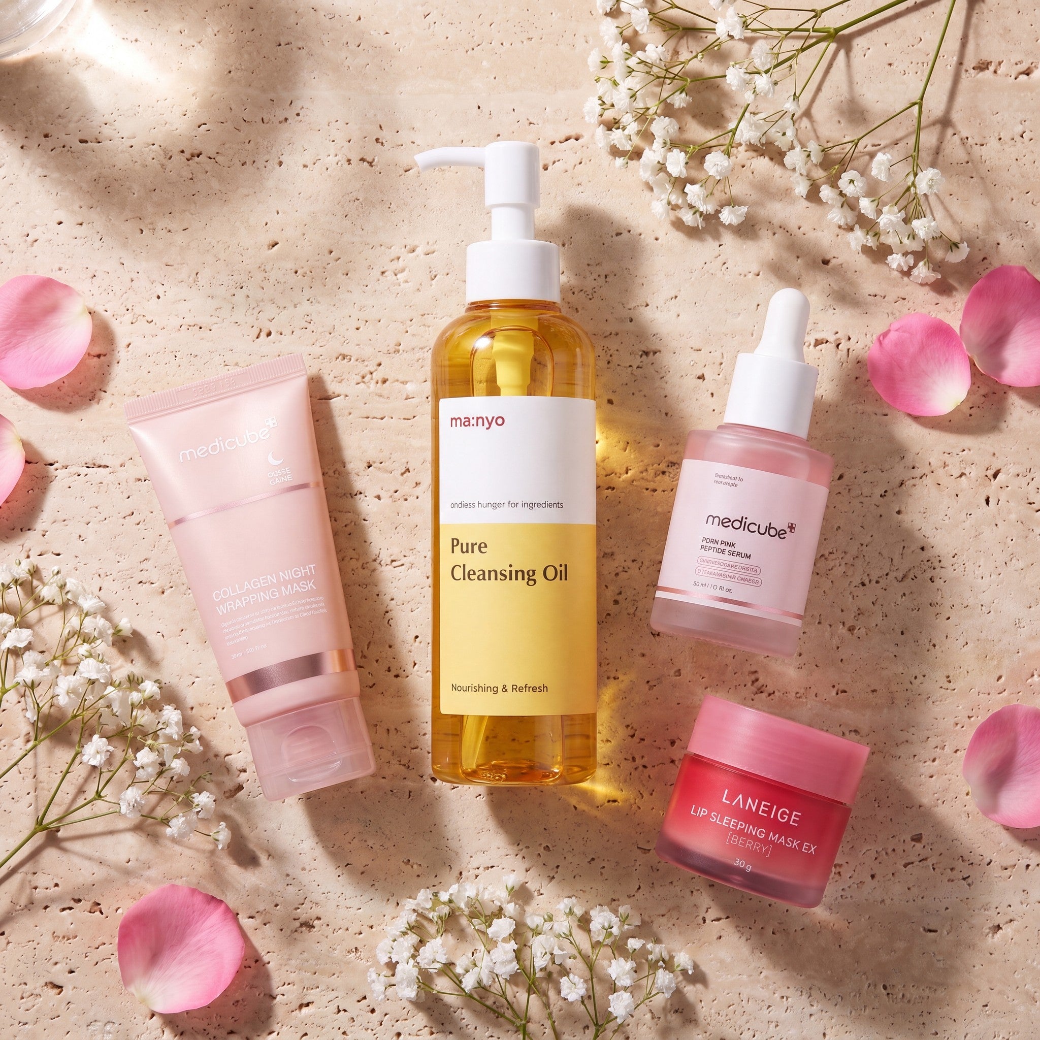 The Wind-Down Ritual — Ma:nyo cleansing oil, Medicube PDRN serum, Collagen Night Wrapping Mask and Laneige lip mask flat lay
