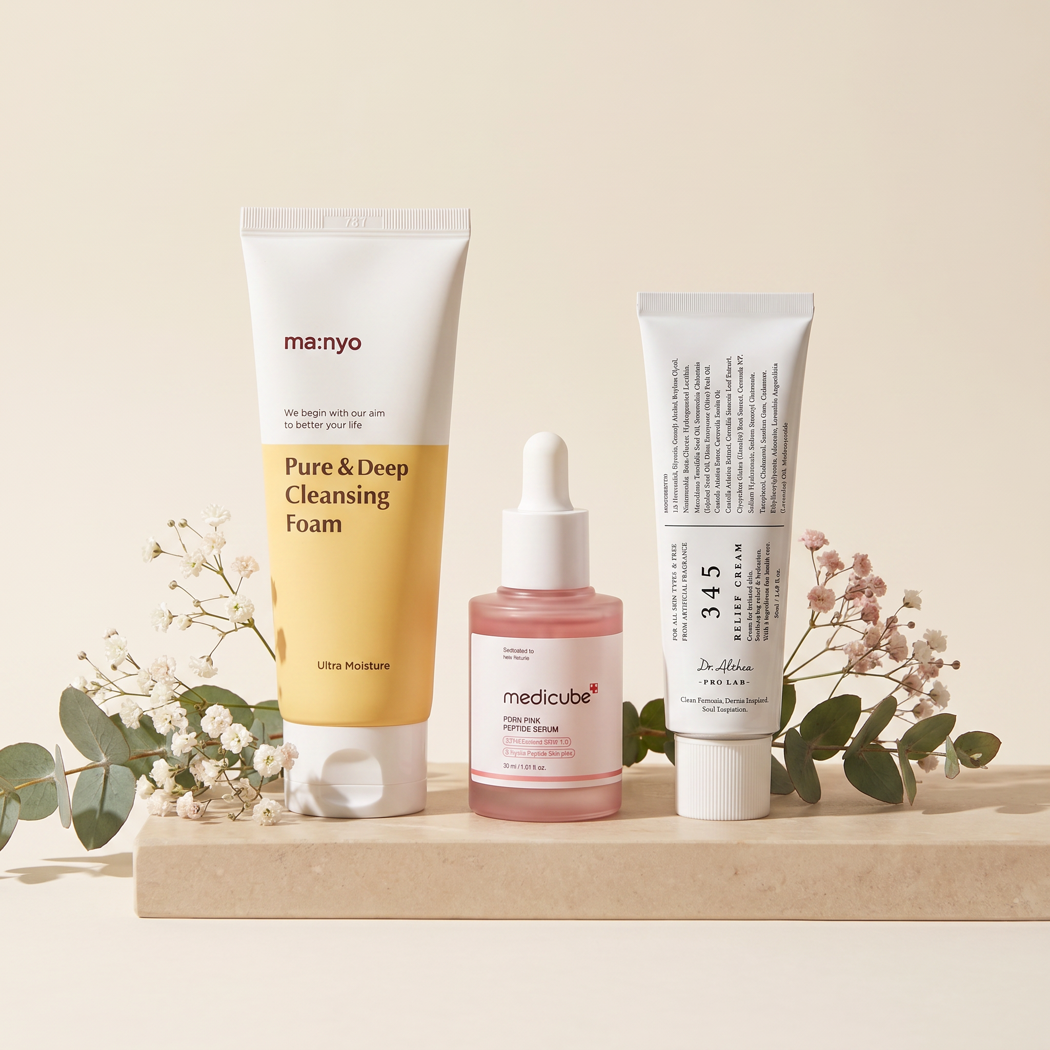 The Pregnancy-Safe Routine — Manyo cleansing foam, Medicube PDRN serum, Dr. Althea 345 relief cream