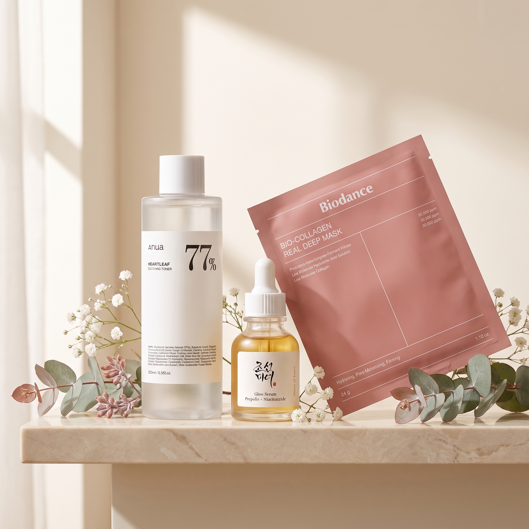 The I Look So Tired Glow Reset — Anua Heartleaf toner, Beauty of Joseon Glow Serum, Biodance Bio-Collagen mask