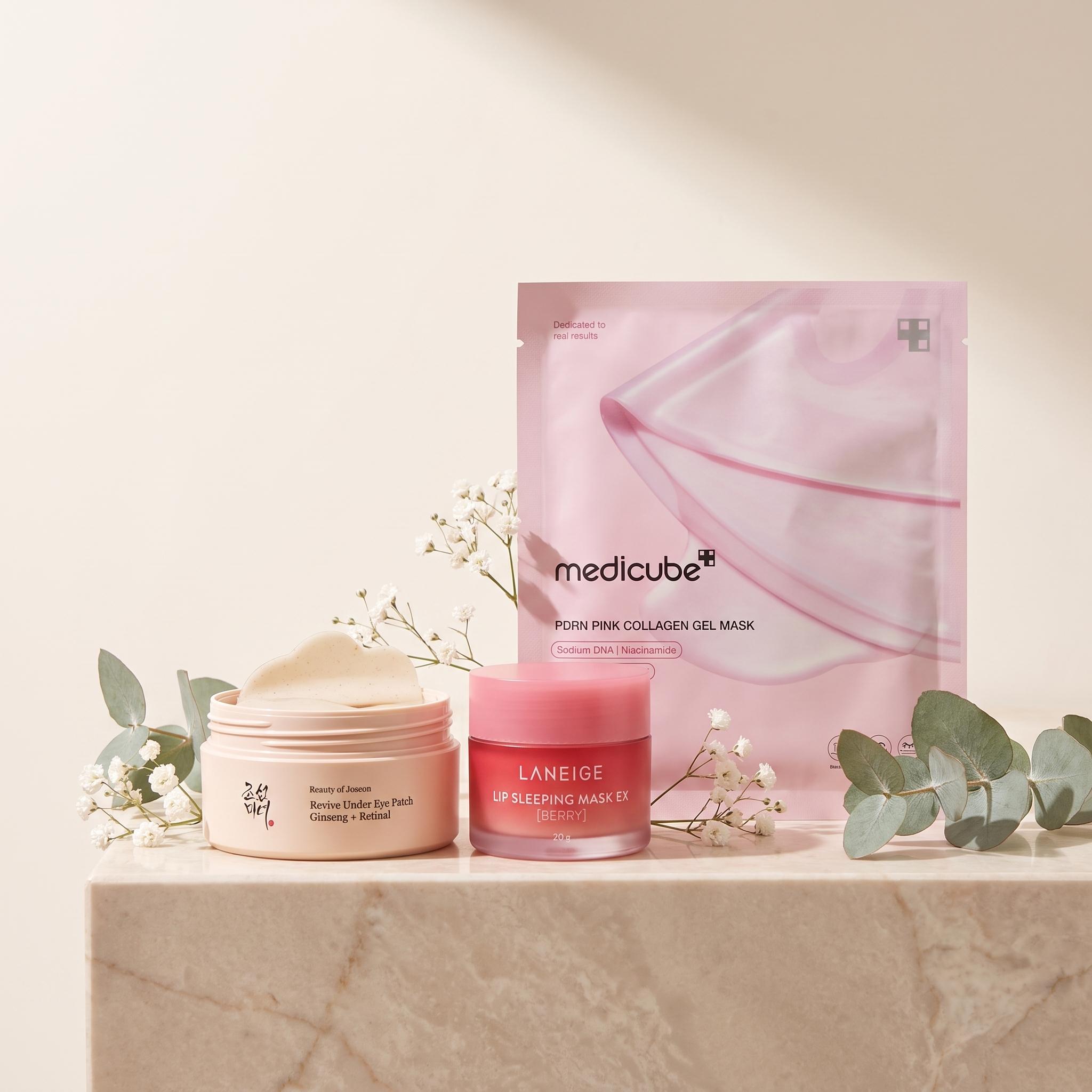 The Overnight Recovery Kit — Beauty of Joseon under-eye patches, Laneige lip sleeping mask, Medicube PDRN gel mask