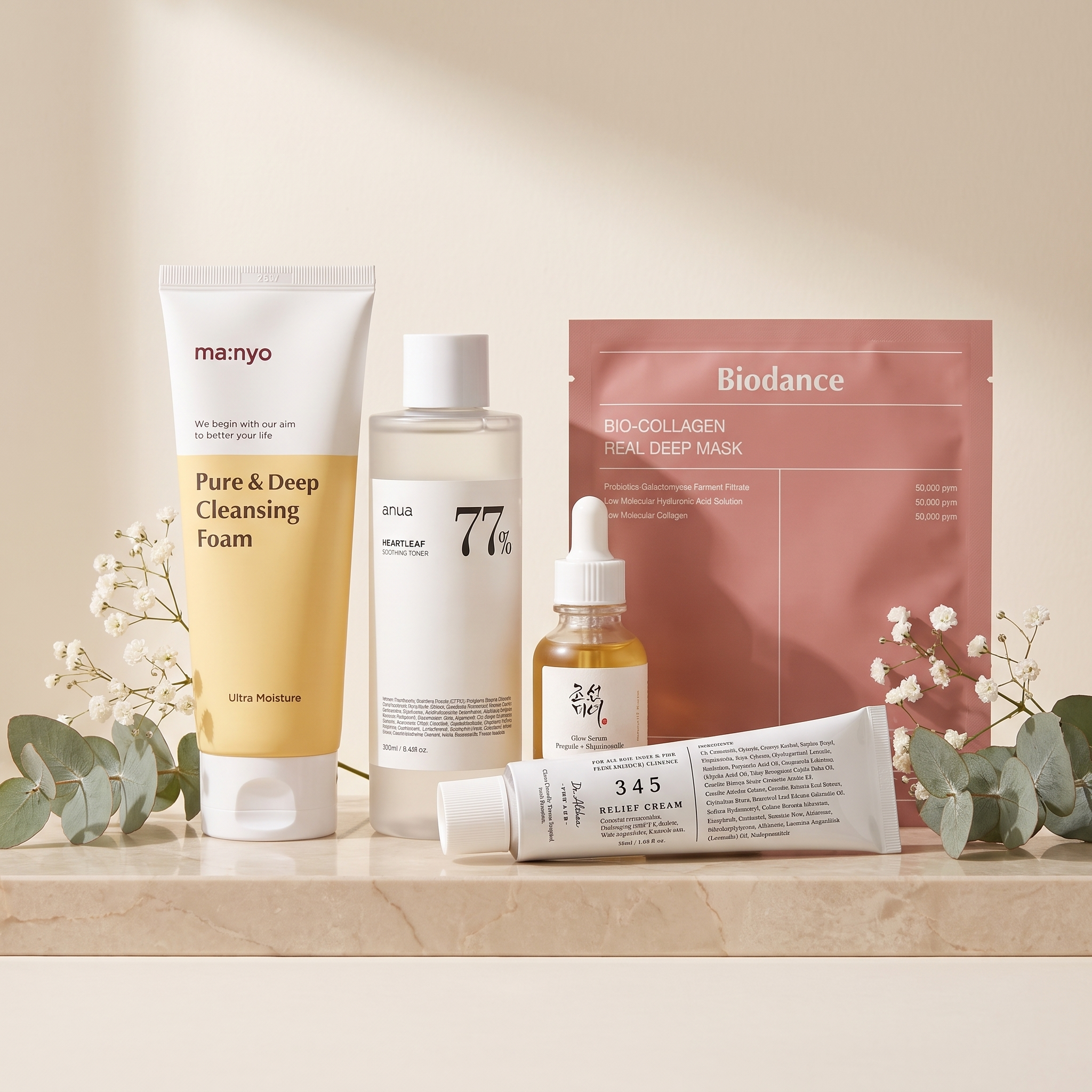 The 5-Step Glass-Skin Routine — Manyo foam, Anua toner, BOJ Glow Serum, Dr. Althea 345 cream, Biodance mask