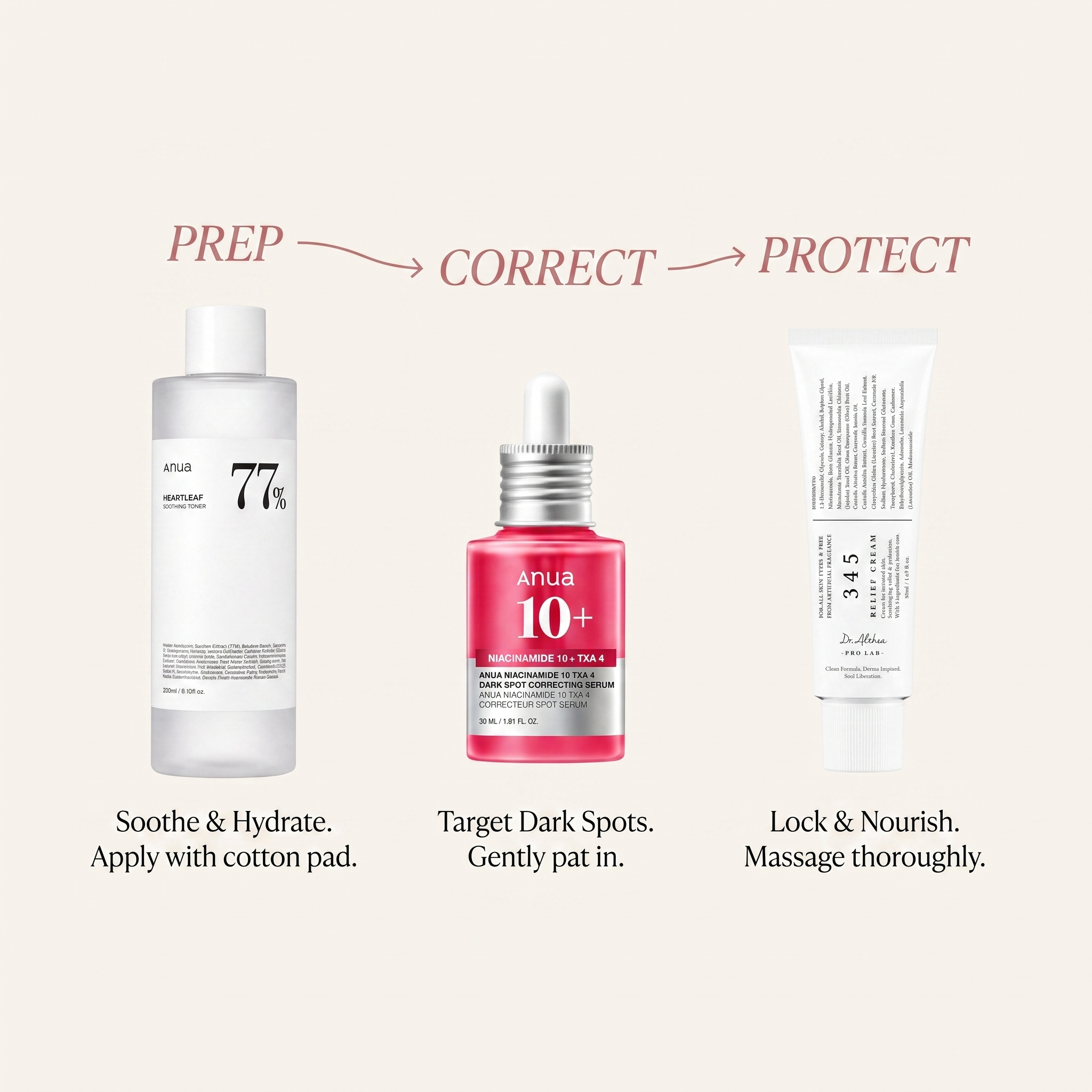 Dark-Spot Brightening Set — prep, correct, protect steps