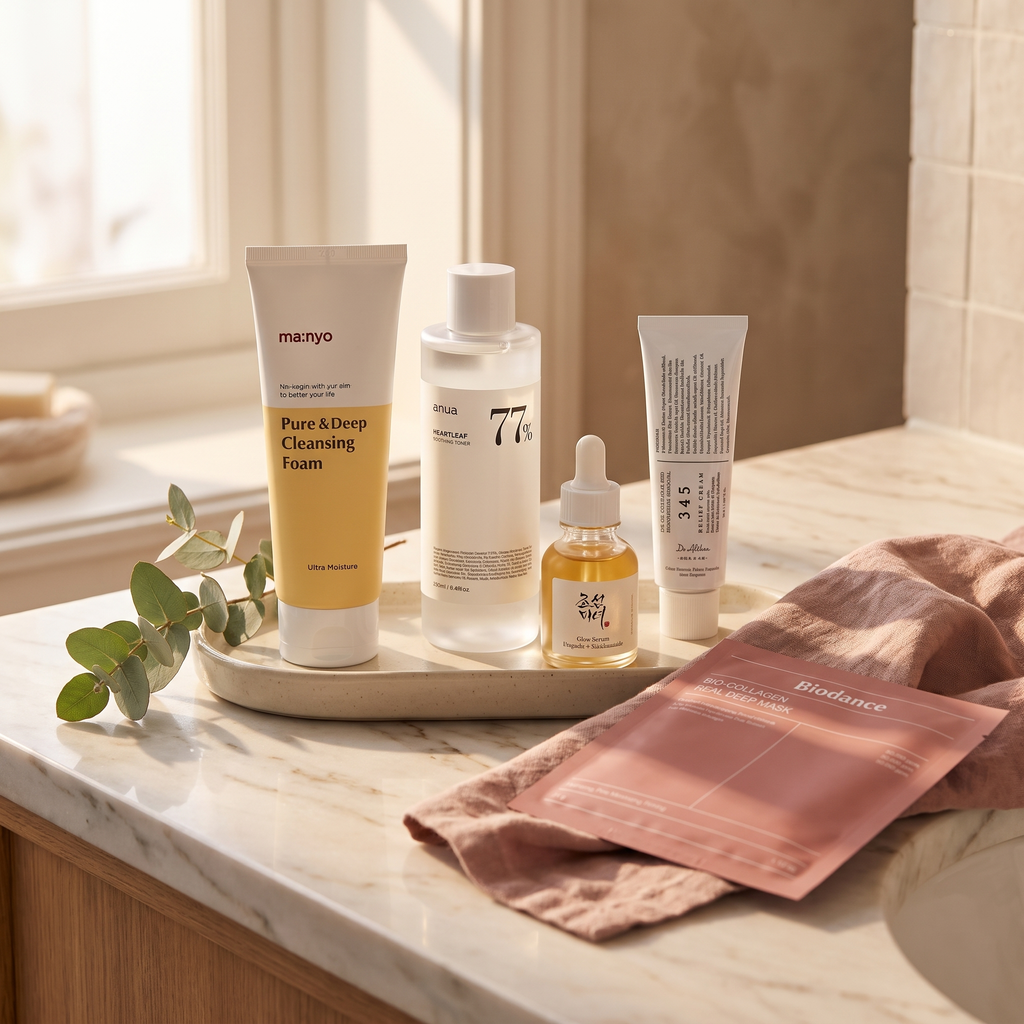 5-Step Glass-Skin Routine — full routine vanity lifestyle