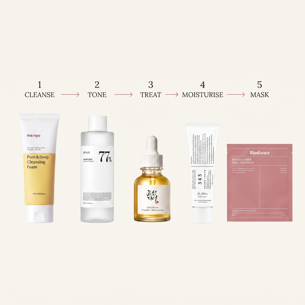 5-Step Glass-Skin — cleanse, tone, treat, moisturise, mask