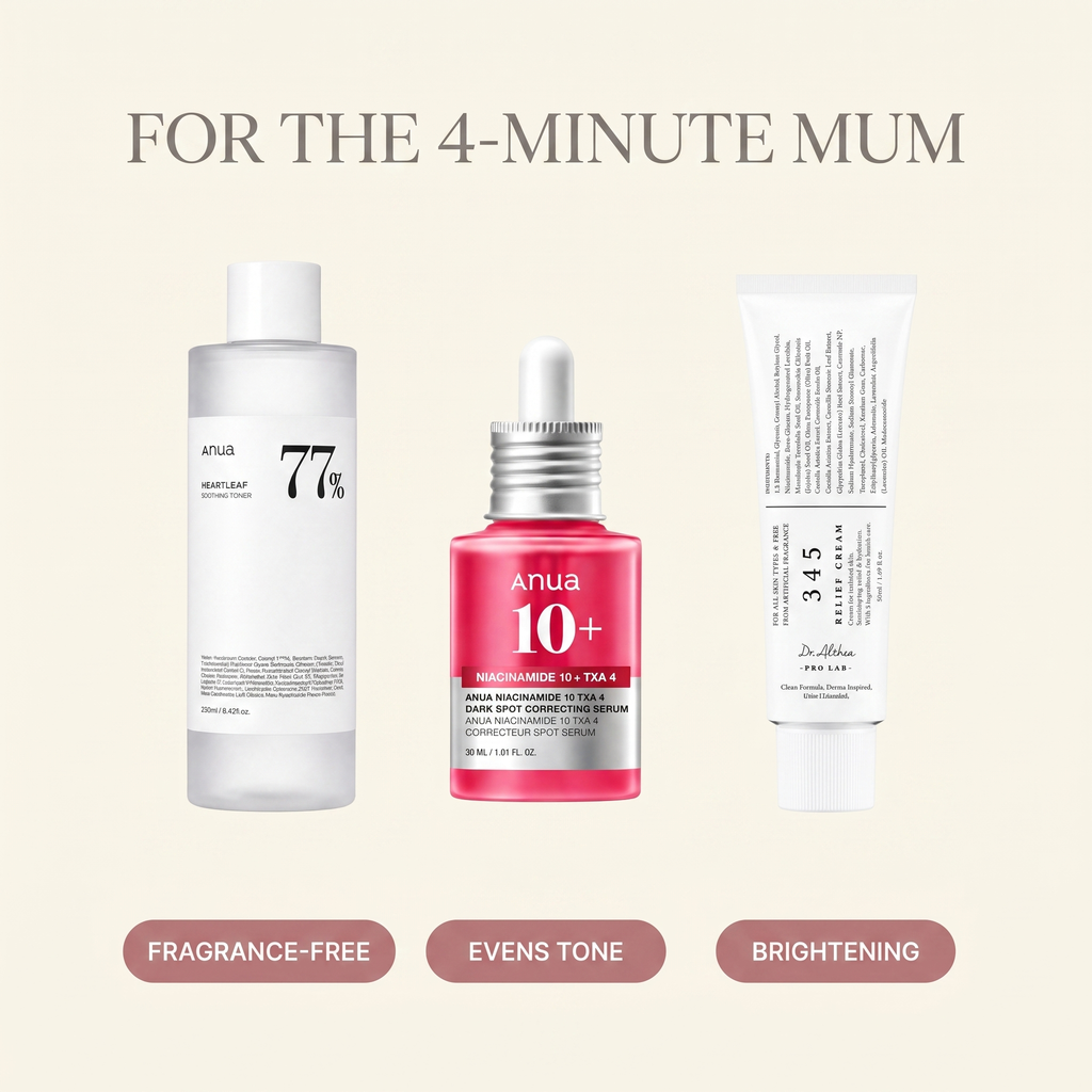 For the 4-minute mum — fragrance-free, evens tone, brightening