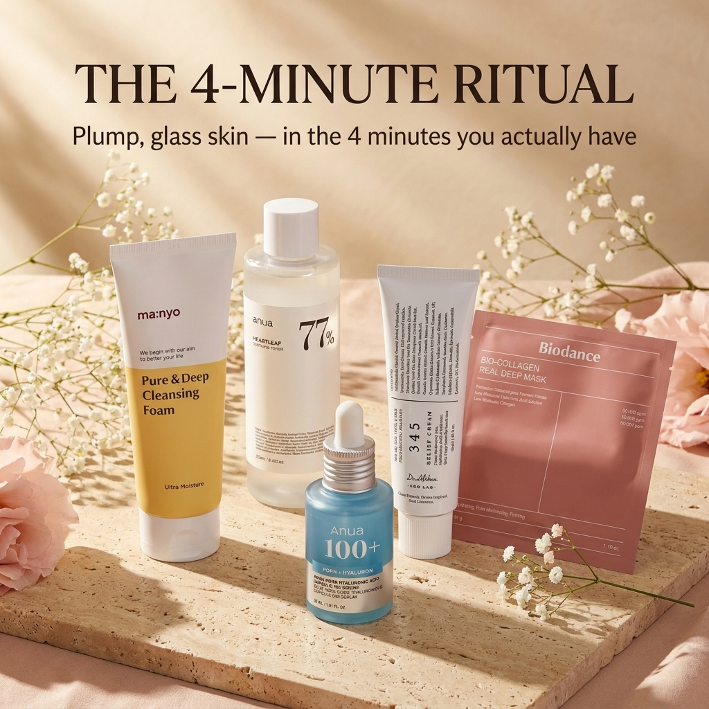 The 4-Minute Ritual bundle — static ad with all five products styled on travertine stone