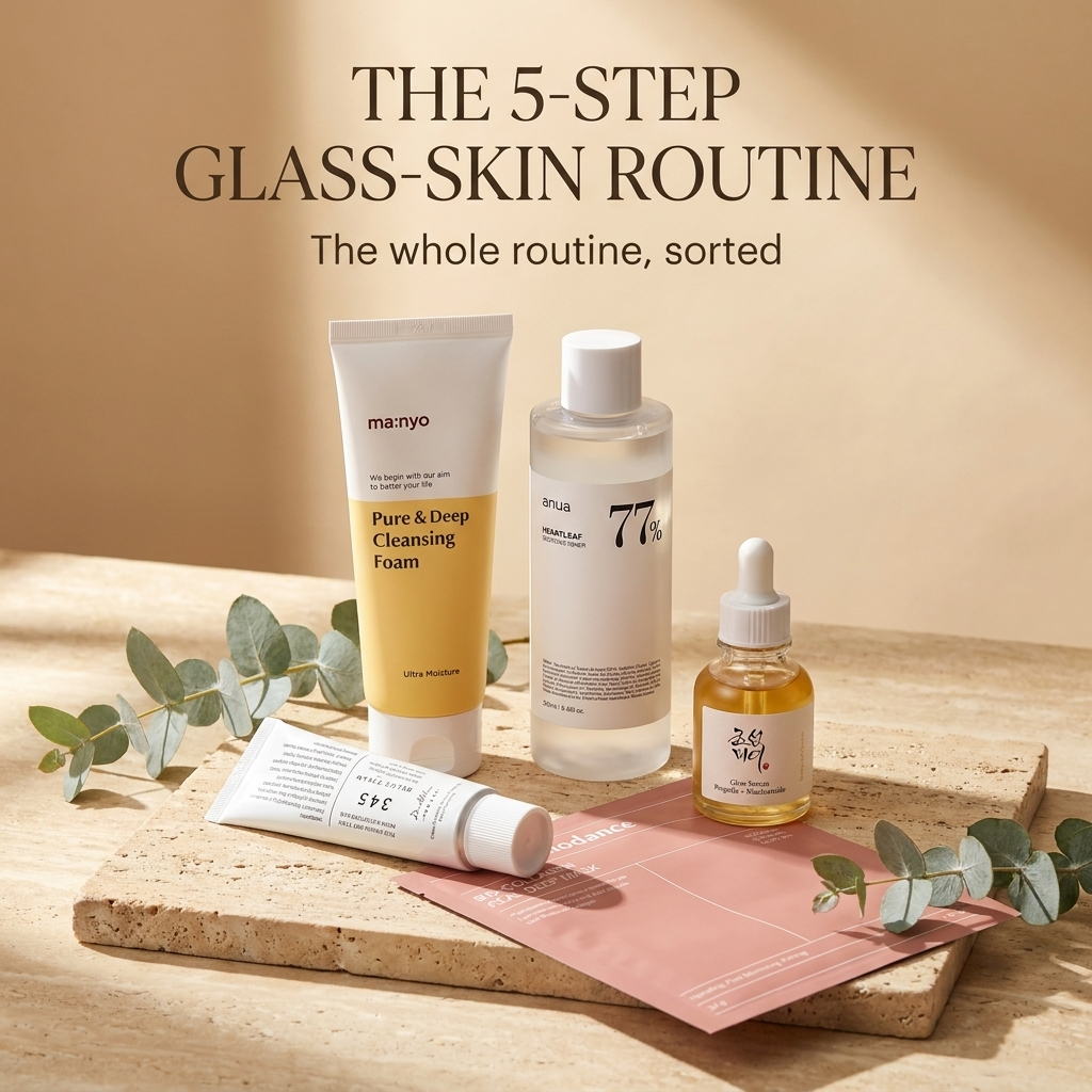 The 5-Step Glass-Skin Routine bundle — static ad with all five products styled on travertine stone