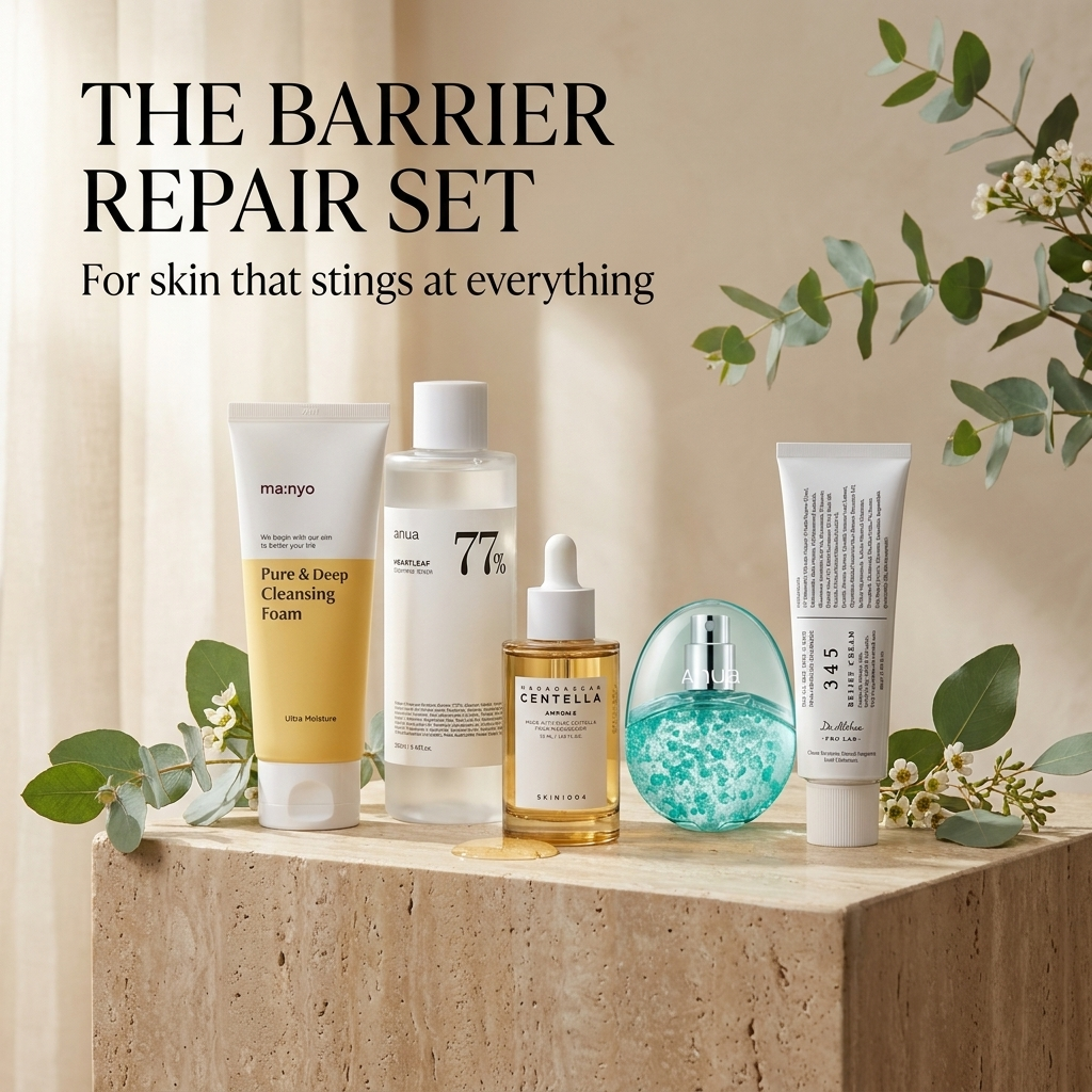 The Barrier Repair Set — static ad with all five products styled on travertine stone with eucalyptus