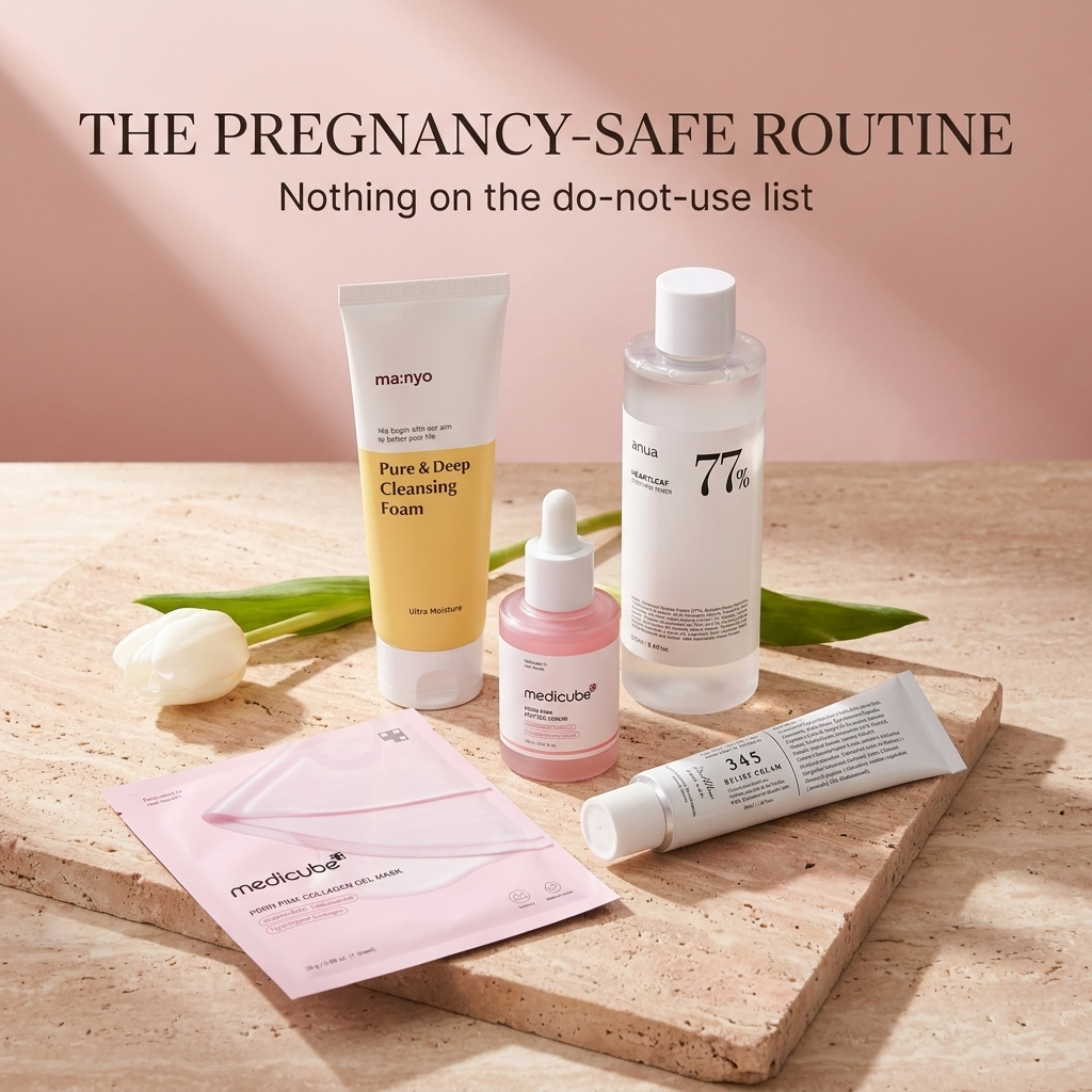 The Pregnancy-Safe Routine bundle — static ad with all five products styled on travertine stone with white tulip