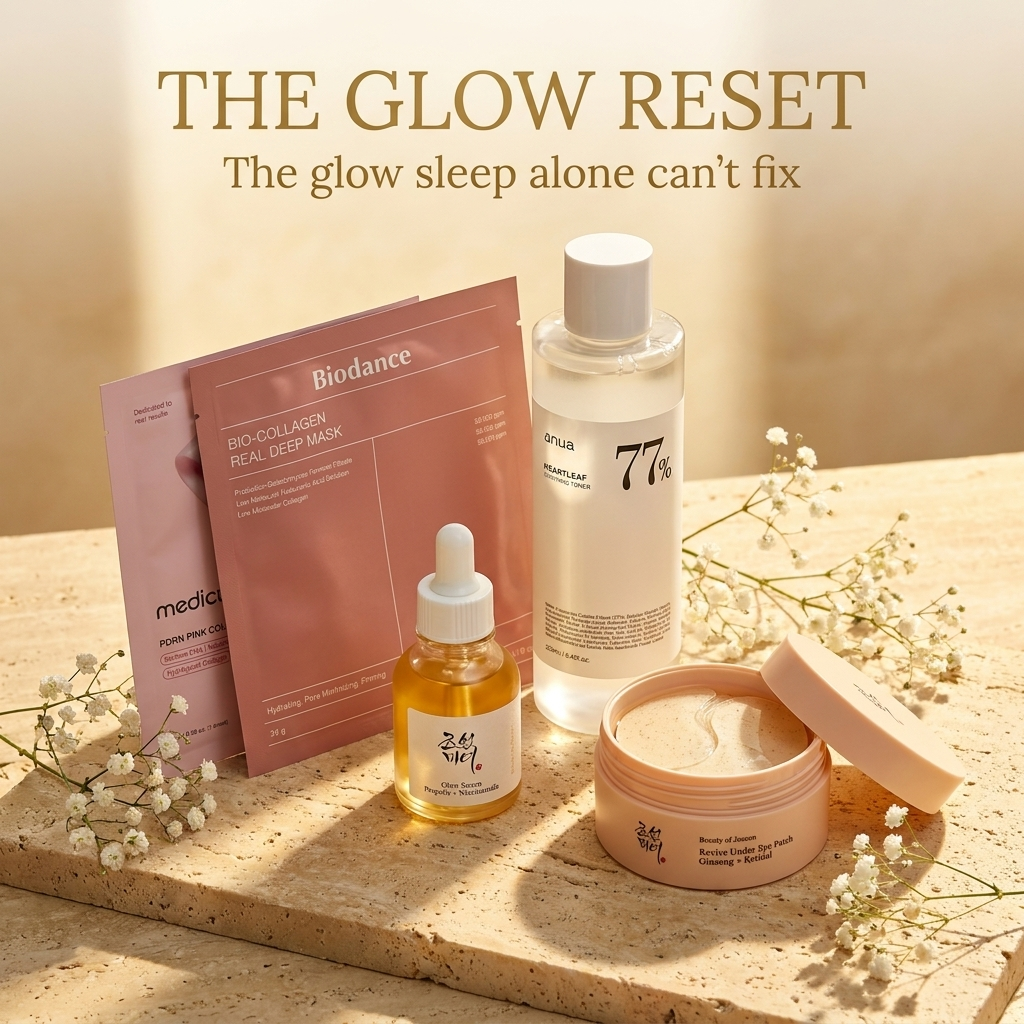 The I Look So Tired Glow Reset bundle — static ad with all five products in golden morning light