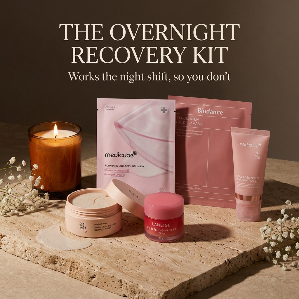 The Overnight Recovery Kit — static ad with all five products in cozy candlelit night scene