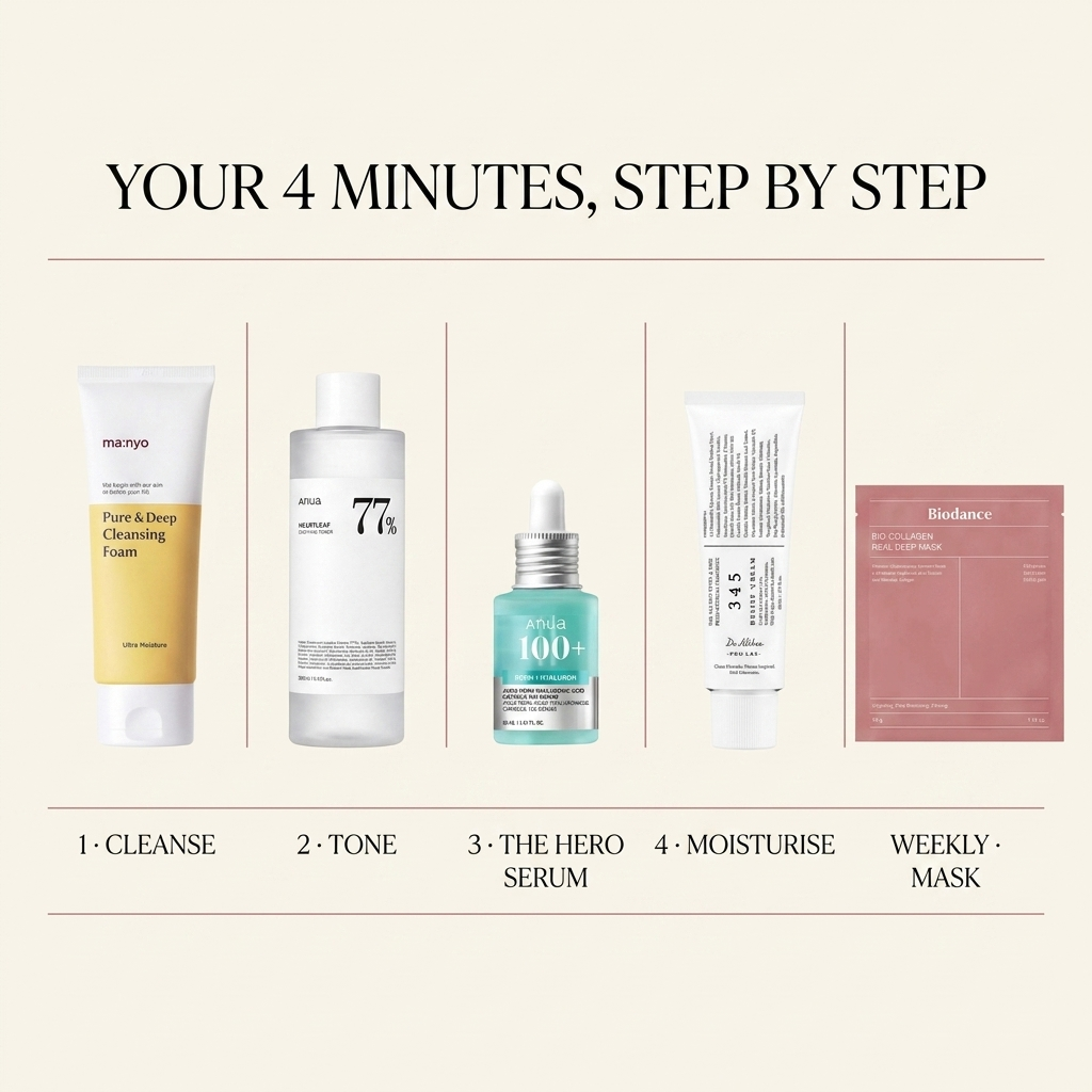 The 4-Minute Ritual bundle — step-by-step routine infographic: cleanse, tone, hero serum, moisturise, weekly mask