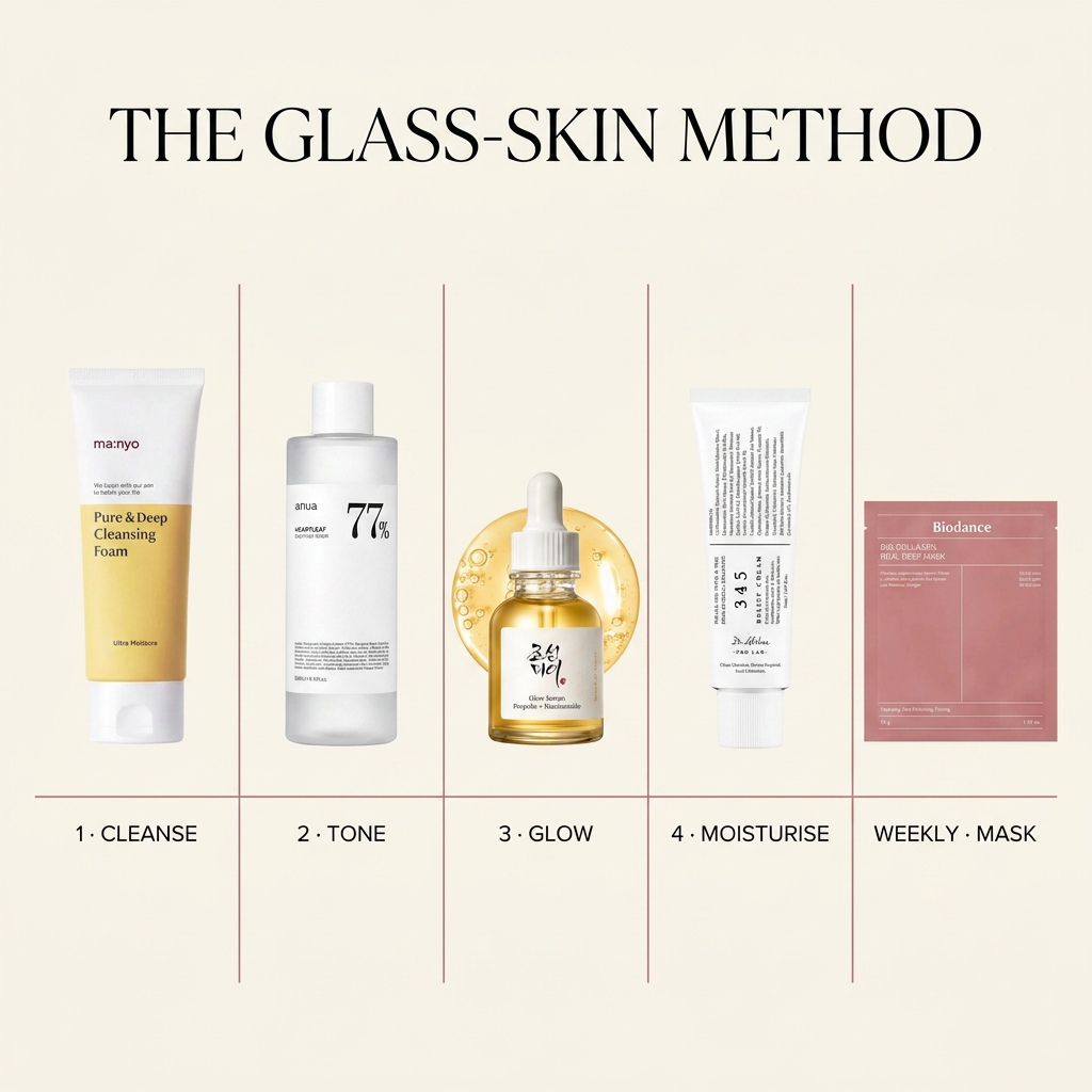 The 5-Step Glass-Skin Routine bundle — glass-skin method infographic: cleanse, tone, glow, moisturise, weekly mask