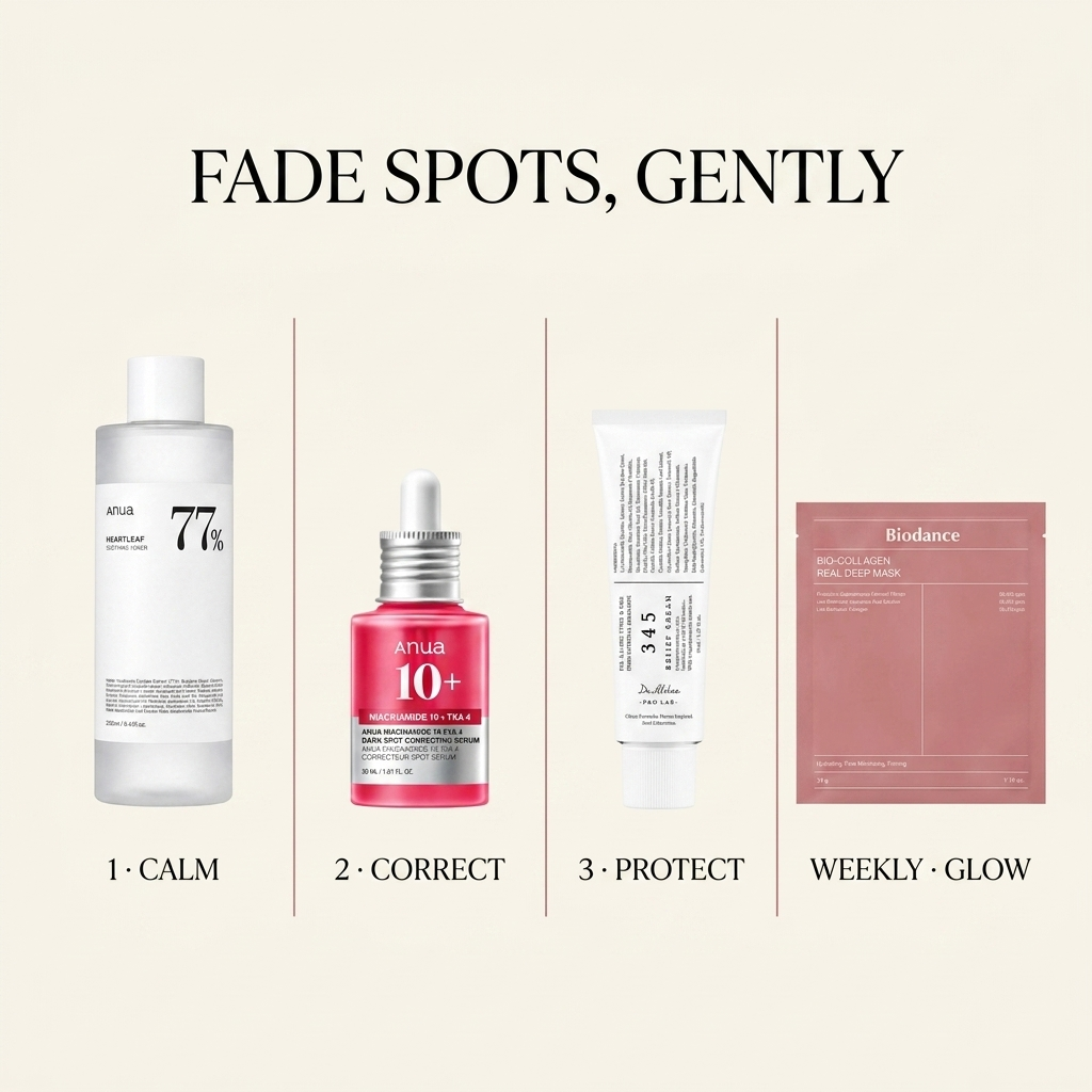 The Dark-Spot Brightening Set — routine infographic: calm, correct, protect, weekly glow