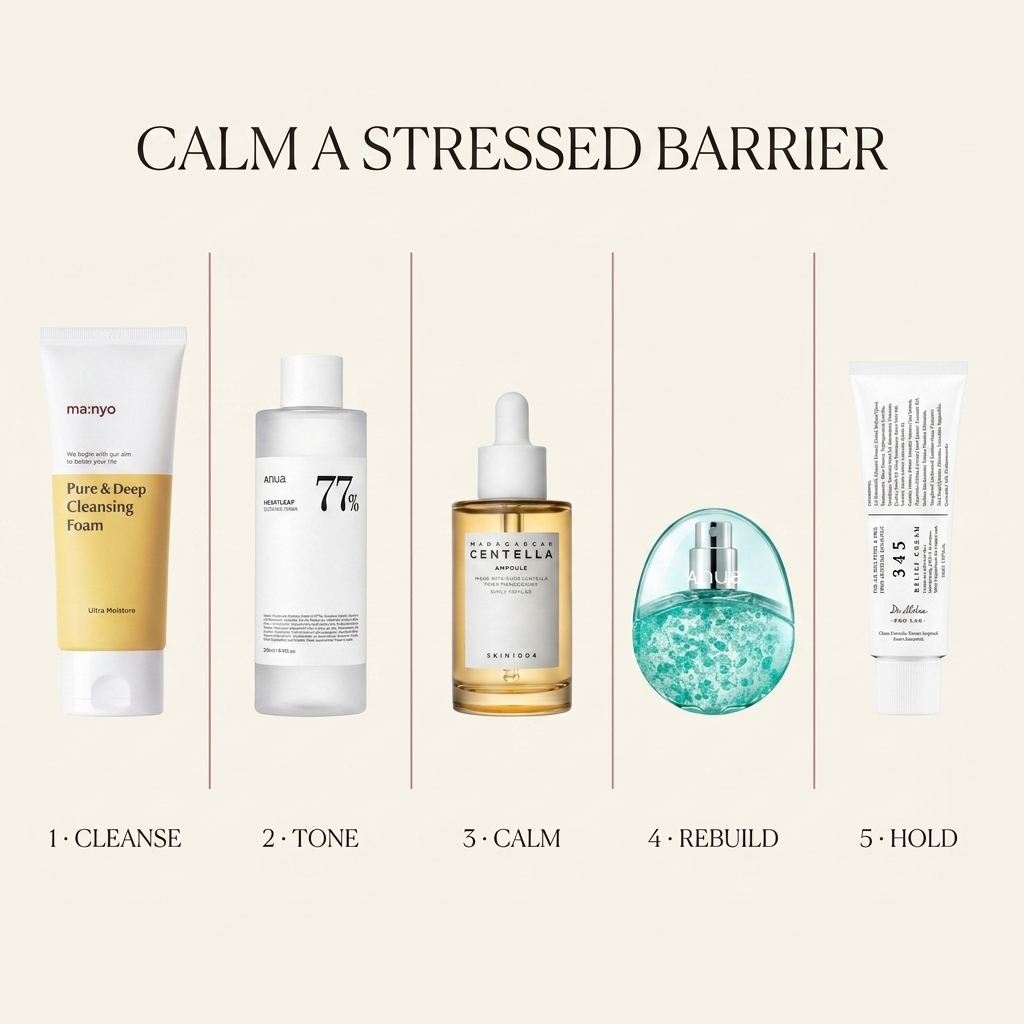 The Barrier Repair Set — routine infographic: cleanse, tone, calm, rebuild, hold