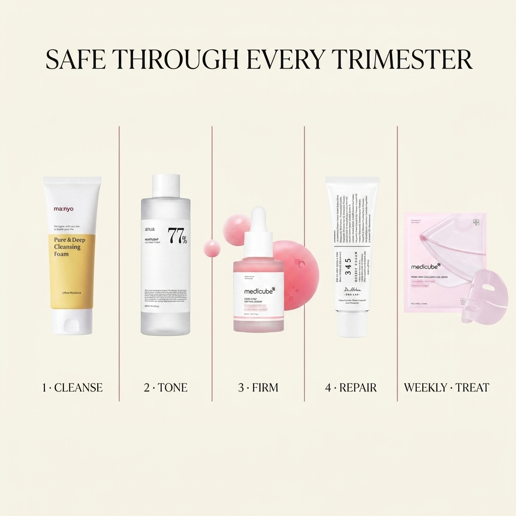 The Pregnancy-Safe Routine bundle — routine infographic: cleanse, tone, firm, repair, weekly treat