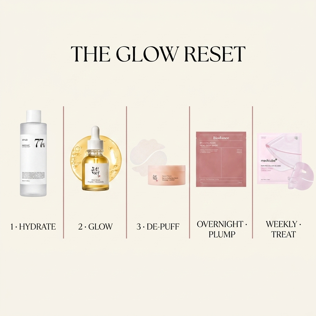 The I Look So Tired Glow Reset bundle — routine infographic: hydrate, glow, de-puff, overnight plump, weekly treat
