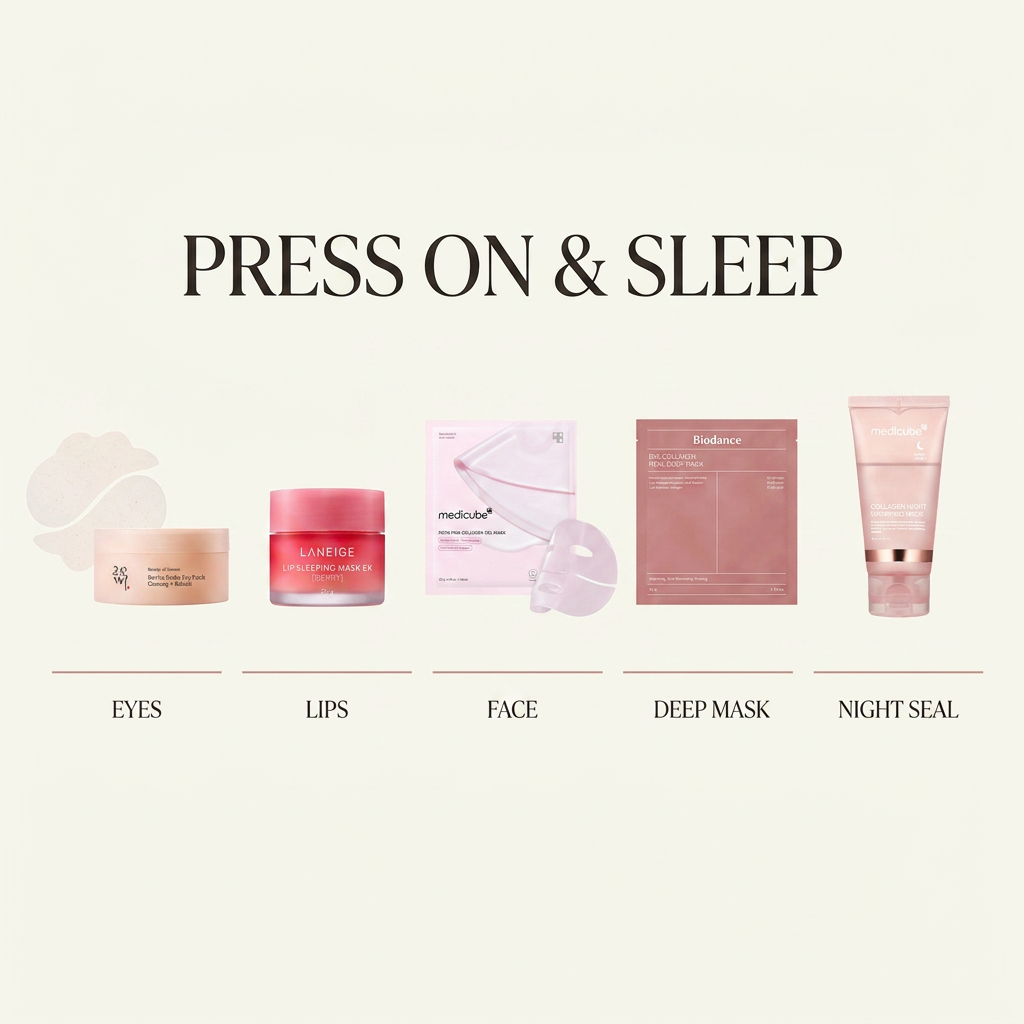 The Overnight Recovery Kit — routine infographic: eyes, lips, face, deep mask, night seal