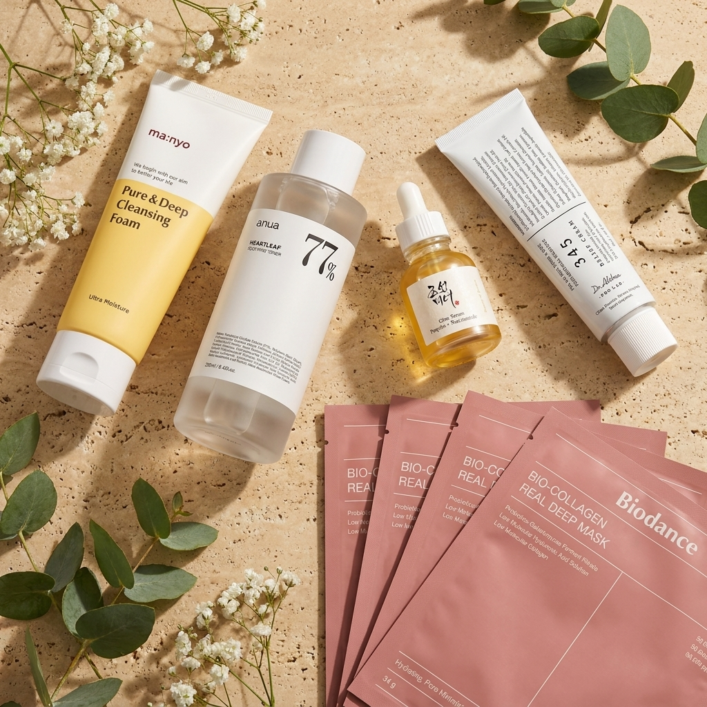 The 5-Step Glass-Skin Routine — Manyo foam, Anua 77% toner, BOJ Glow Serum and Dr. Althea 345 cream, including four Biodance collagen sheet masks