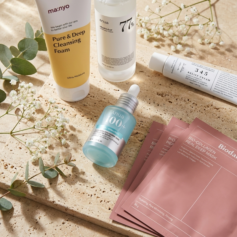 The 4-Minute Ritual — cleanser, toner, PDRN hero serum, relief cream and four Biodance collagen sheet masks