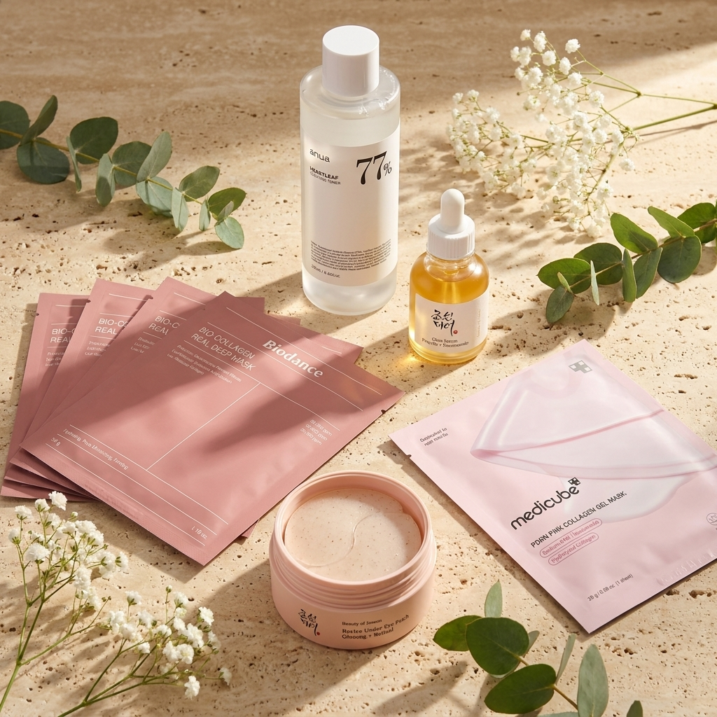 The I Look So Tired Glow Reset — toner, glow serum, four Biodance collagen sheet masks, under-eye patches and PDRN pink collagen gel mask