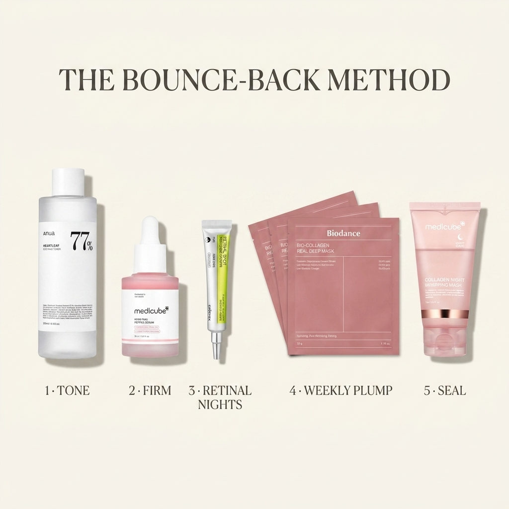 The Bounce-Back Method infographic: 1 Tone with Anua Heartleaf toner, 2 Firm with Medicube PDRN Pink Peptide Serum, 3 Retinal Nights with CELIMAX Vita-A Retinal Shot, 4 Weekly Plump with Biodance Bio-Collagen Real Deep Mask (4 sheets), 5 Seal with Medicube Collagen Night Wrapping Mask