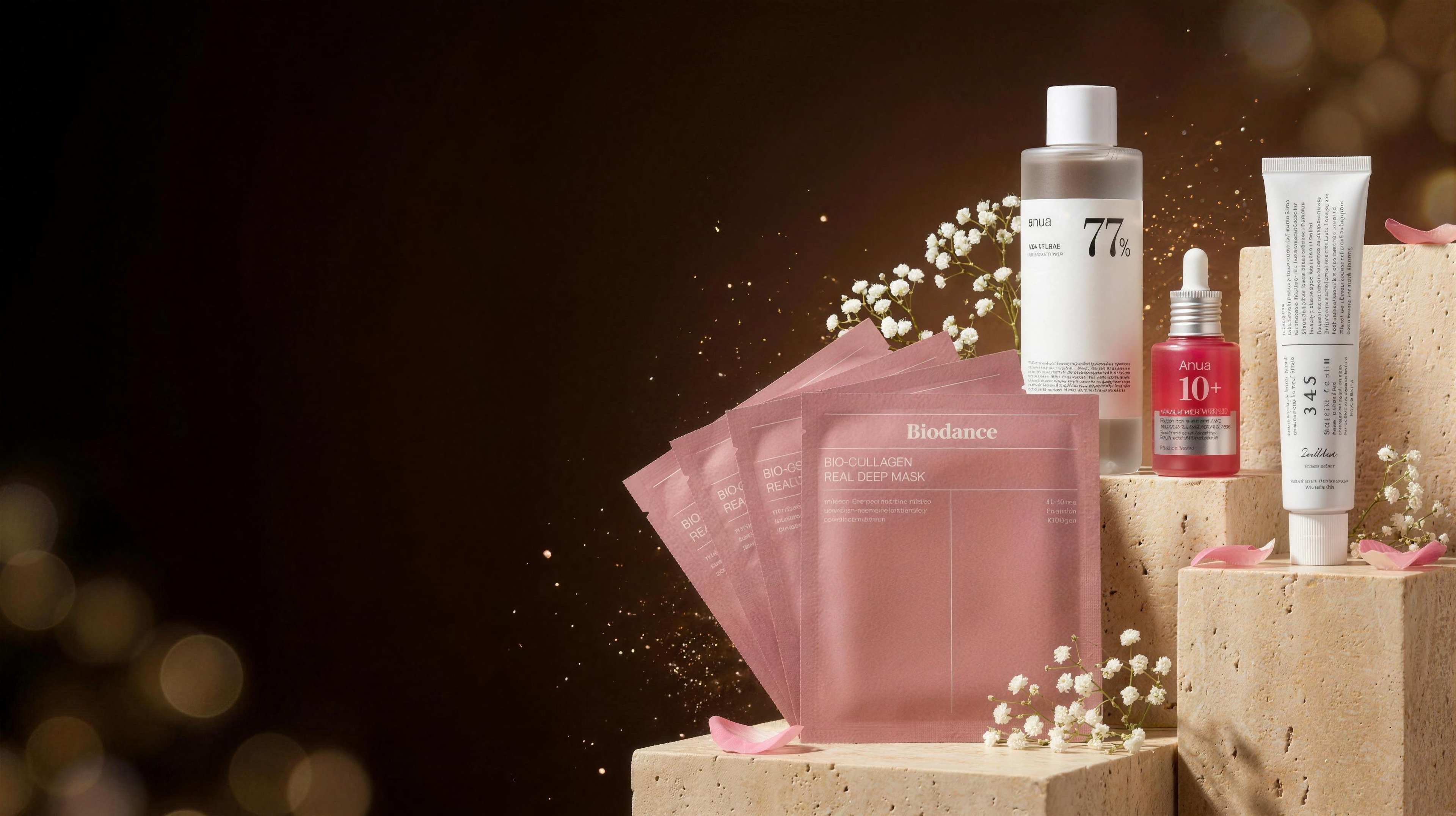The Dark-Spot Brightening Set — Anua Heartleaf 77% toner, Anua 10% niacinamide + TXA serum, Dr. Althea 345 Relief Cream and four Biodance collagen mask sachets on candlelit stone