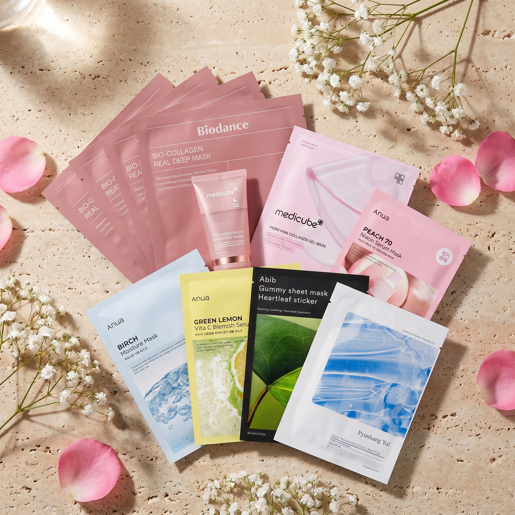 The Complete Mask Edit — all eight Korean face masks including the four-sheet Biodance pack styled on travertine