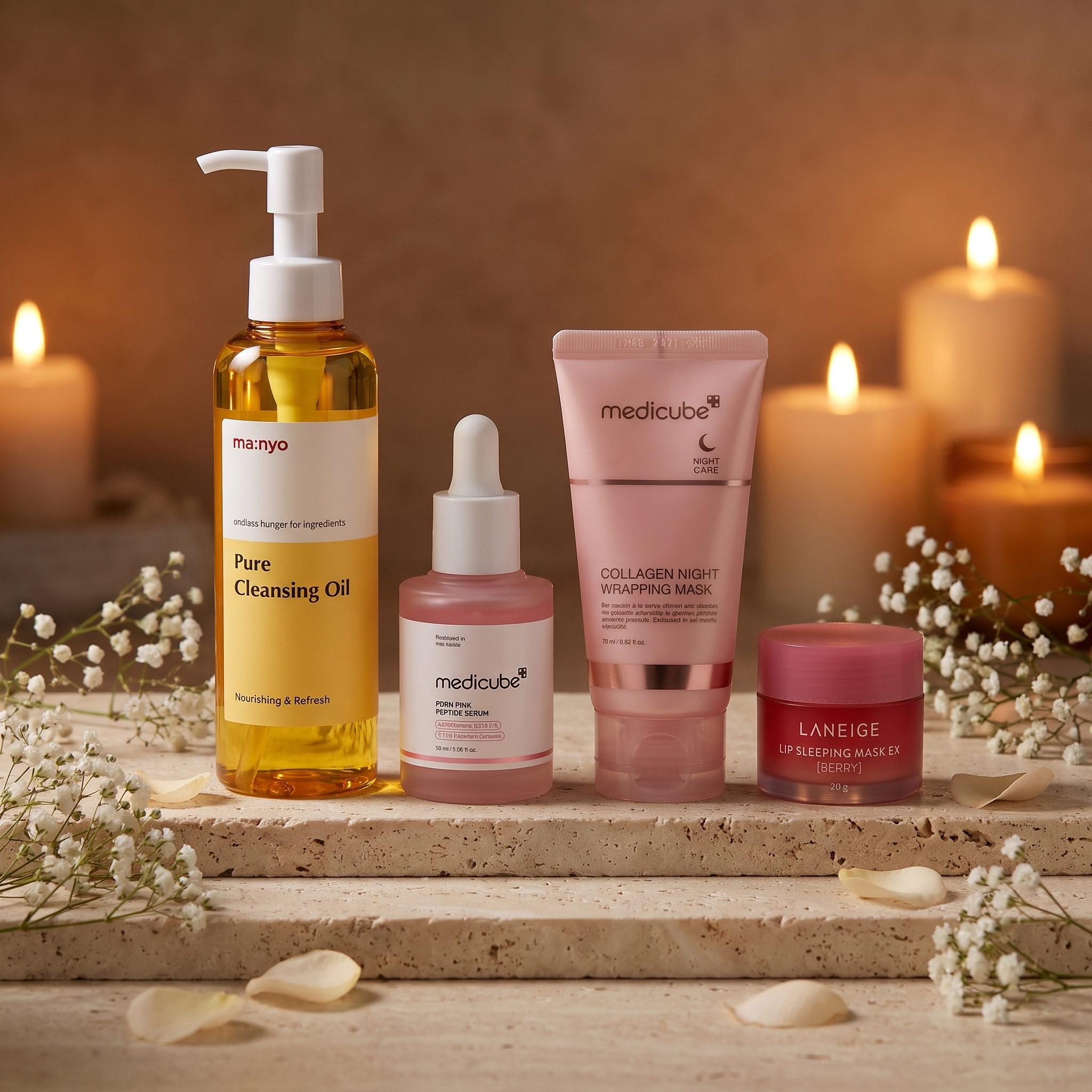 The Wind-Down Ritual — Ma:nyo cleansing oil, Medicube PDRN serum, Collagen Night Wrapping Mask and Laneige lip mask by candlelight