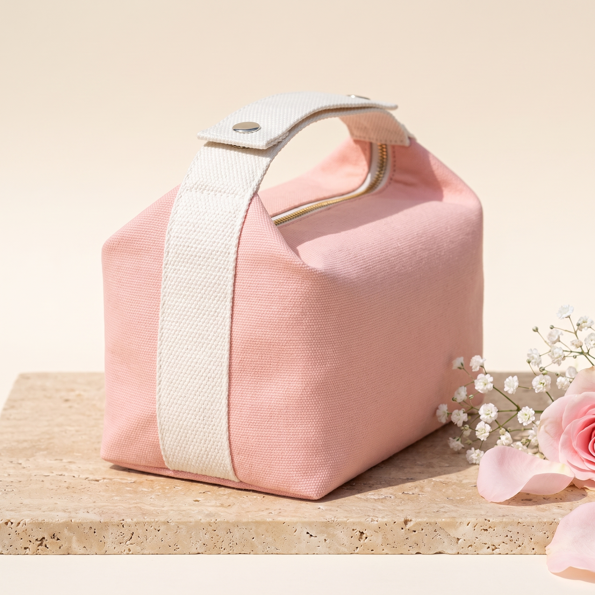 Alina Beauty Bag side view with structured shape and snap-fasten carry handle