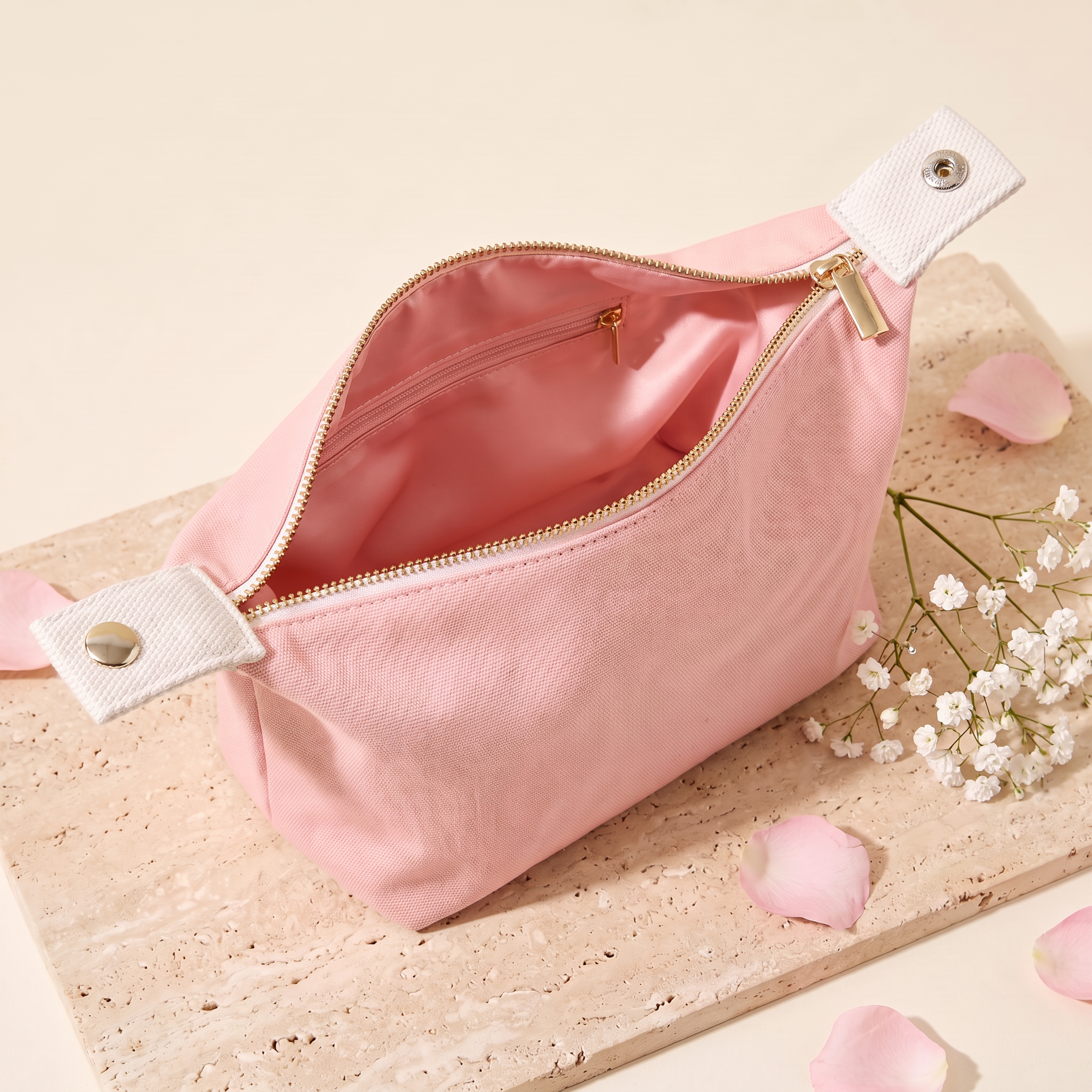 Alina Beauty Bag open showing blush satin lining and internal zip pocket