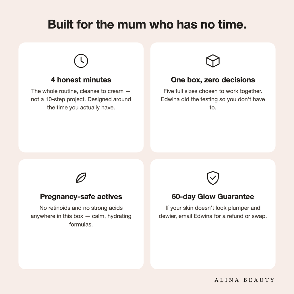 Built for the mum who has no time — 4 honest minutes, one box, pregnancy-safe actives, 60-day guarantee
