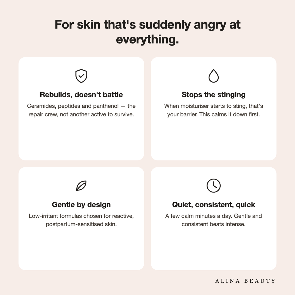 For skin that's suddenly angry at everything — rebuilds the barrier, stops the stinging