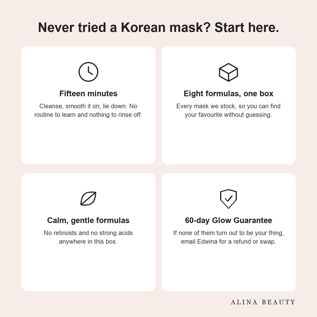 Never tried a Korean mask? Fifteen minutes, eight formulas in one box, calm gentle formulas, 60-day guarantee
