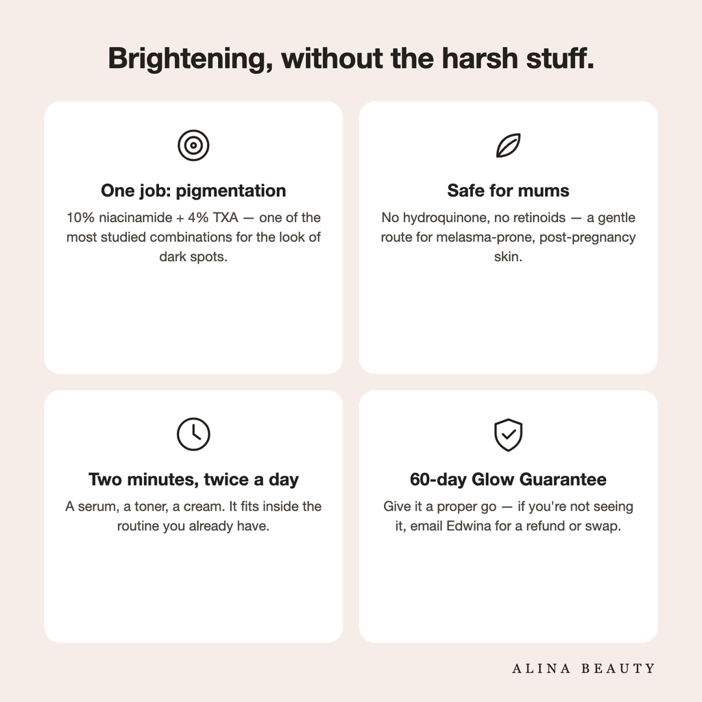 Brightening without the harsh stuff — gentle pigmentation care safe for mums, 60-day guarantee