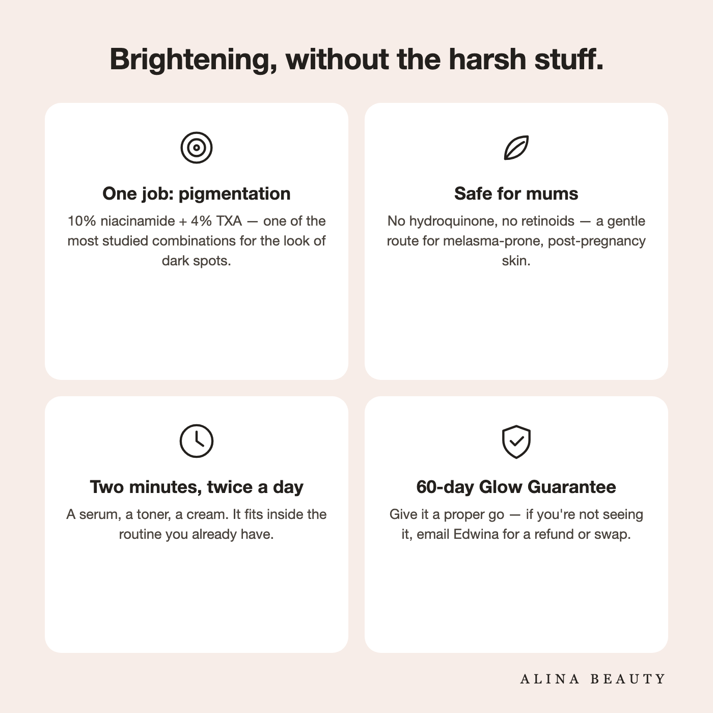 Brightening without the harsh stuff — gentle pigmentation care safe for mums, 60-day guarantee