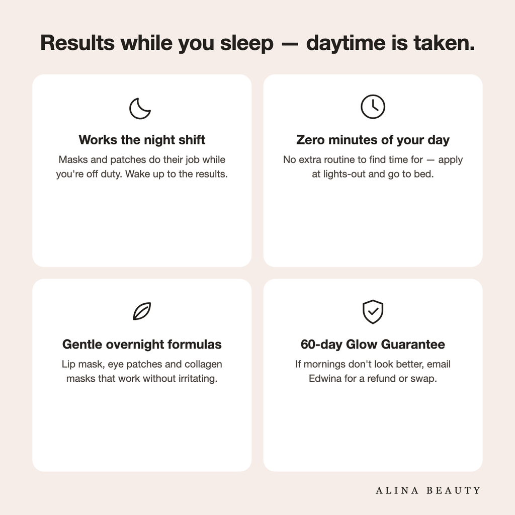 Results while you sleep — masks and patches work the night shift, zero minutes of your day