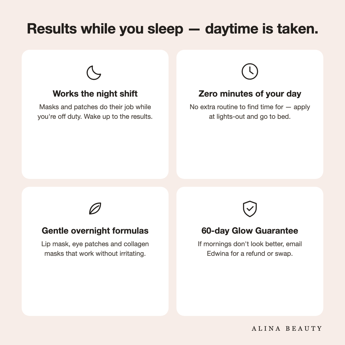 Results while you sleep — masks and patches work the night shift, zero minutes of your day