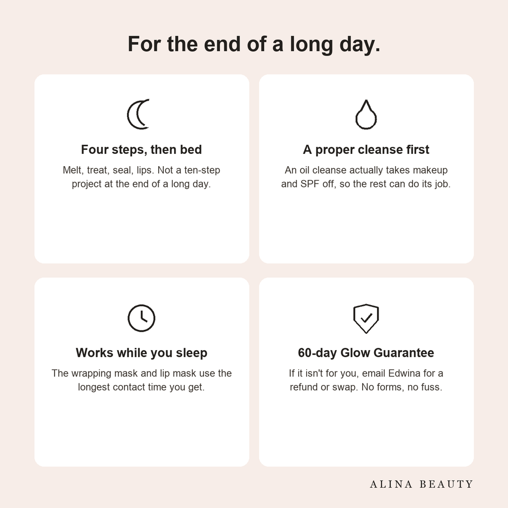 For the end of a long day — four steps then bed, a proper cleanse first, works while you sleep, 60-day guarantee