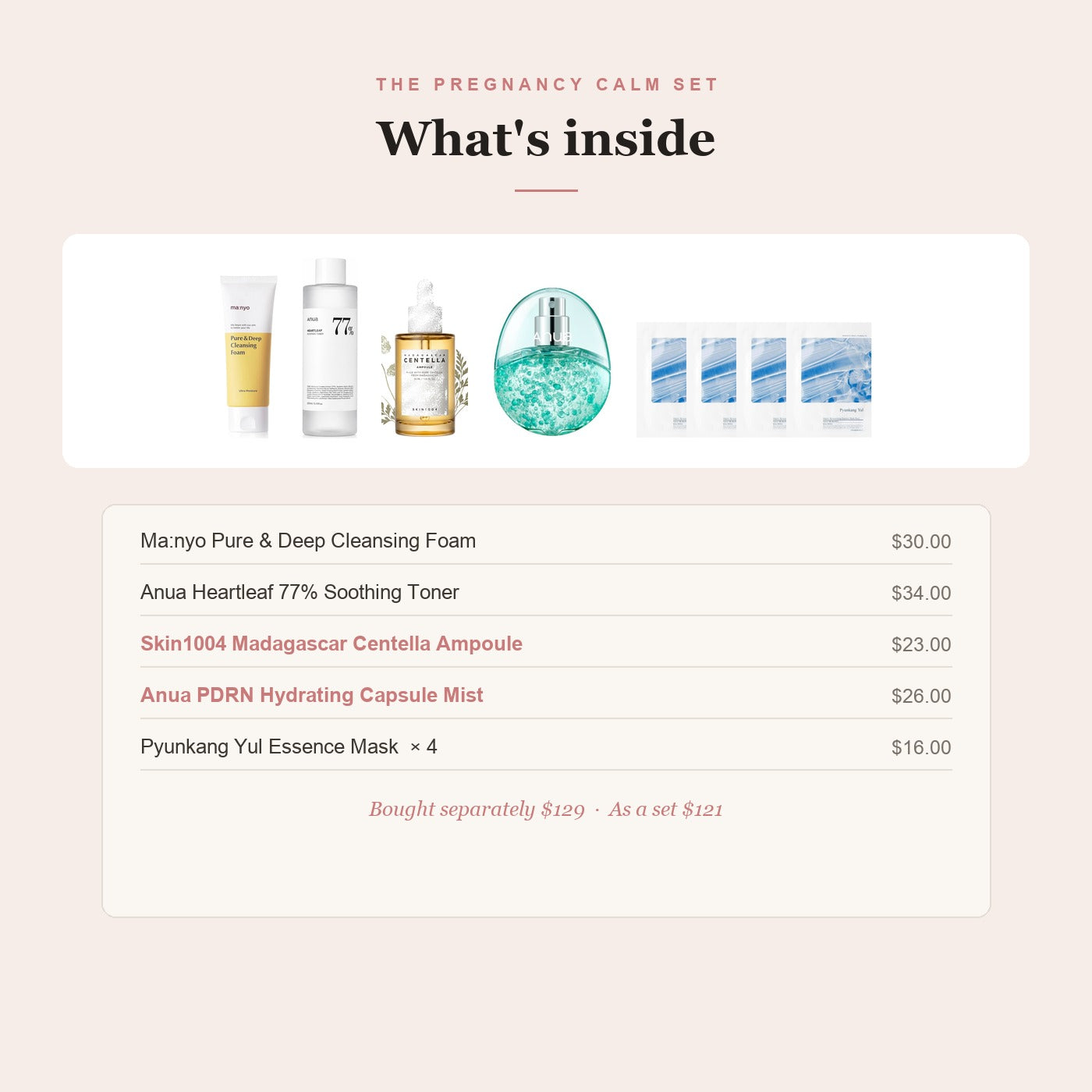 What's inside the Pregnancy Calm Set — five products on one panel